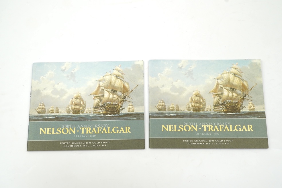 British gold coins, Elizabeth II, UK 2005 gold proof commemorative two crown set, commemorating 200th anniversary Nelson-Trafalgar, 21 October 1805, in case of issue with certificate